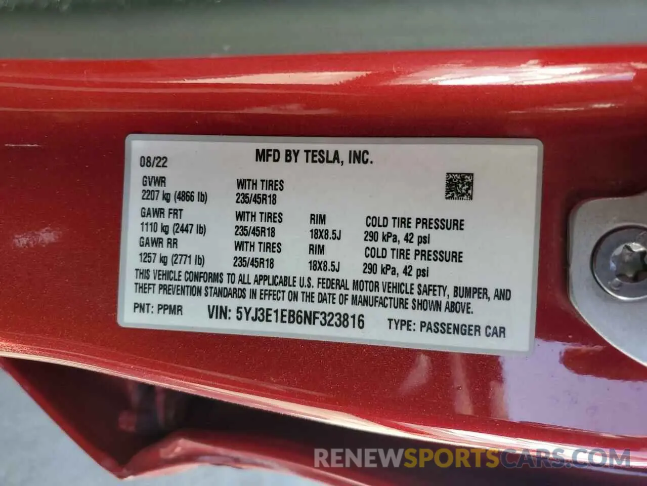 13 Photograph of a damaged car 5YJ3E1EB6NF323816 TESLA MODEL 3 2022