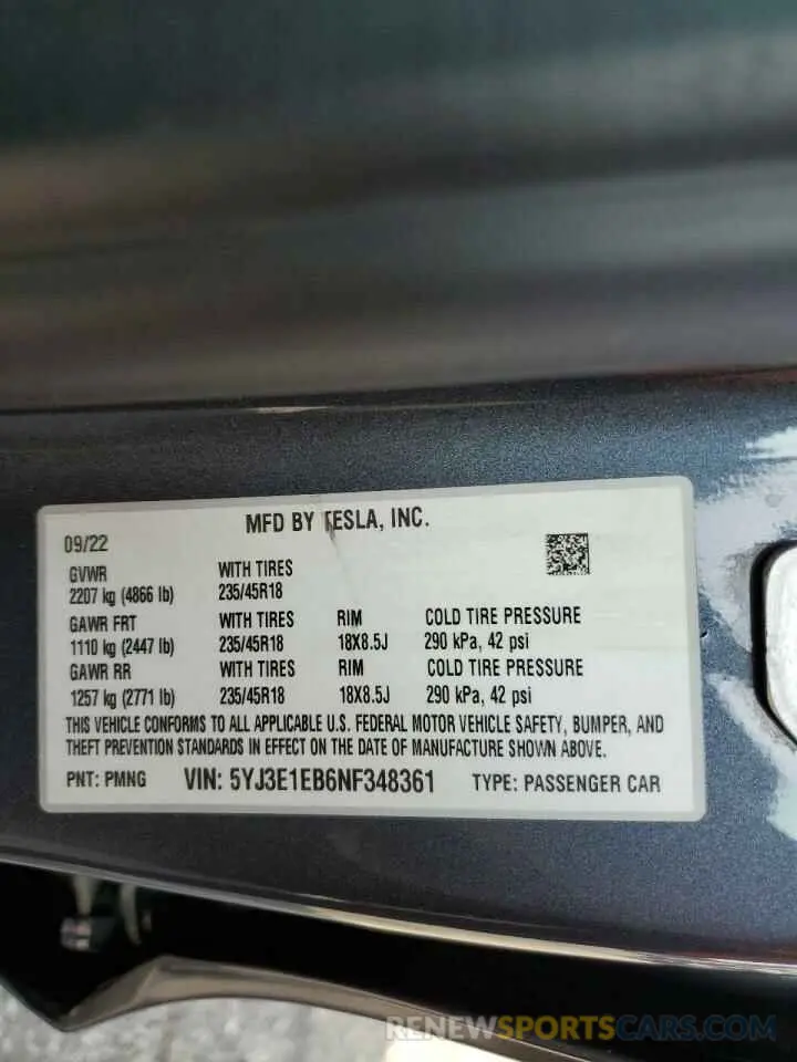 12 Photograph of a damaged car 5YJ3E1EB6NF348361 TESLA MODEL 3 2022