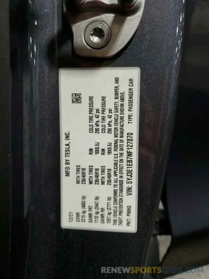 14 Photograph of a damaged car 5YJ3E1EB7NF127870 TESLA MODEL 3 2022