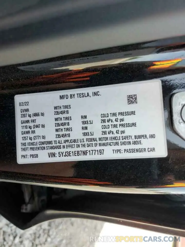13 Photograph of a damaged car 5YJ3E1EB7NF177197 TESLA MODEL 3 2022