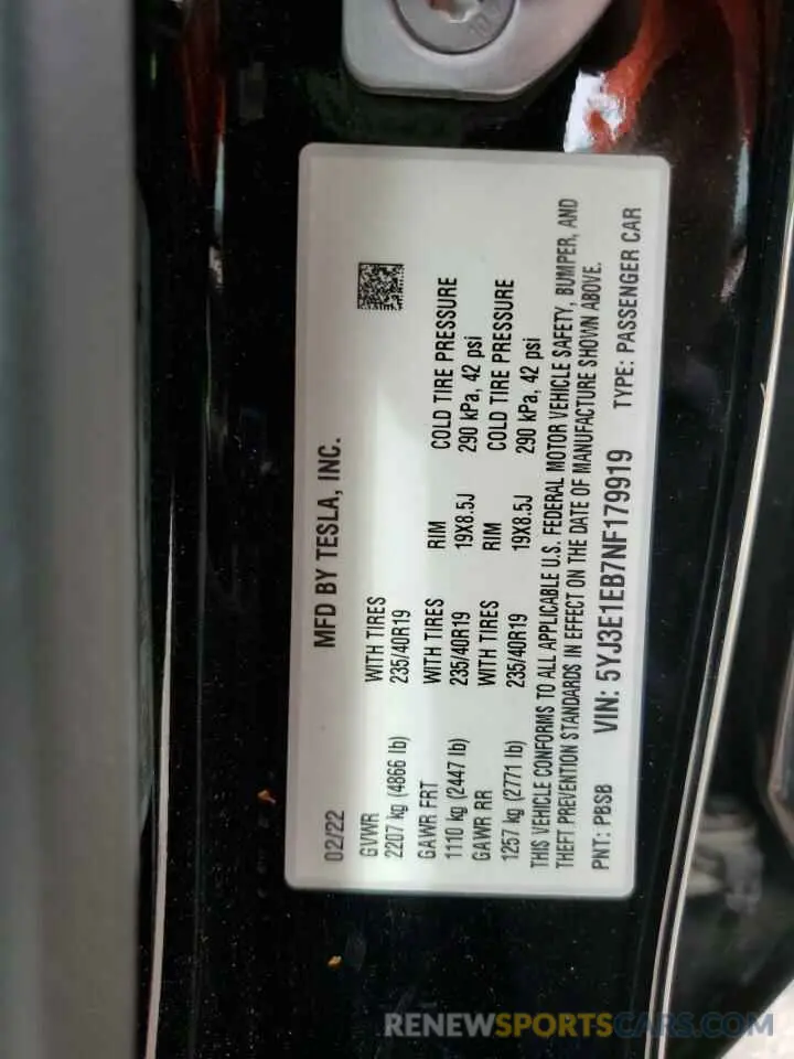 12 Photograph of a damaged car 5YJ3E1EB7NF179919 TESLA MODEL 3 2022
