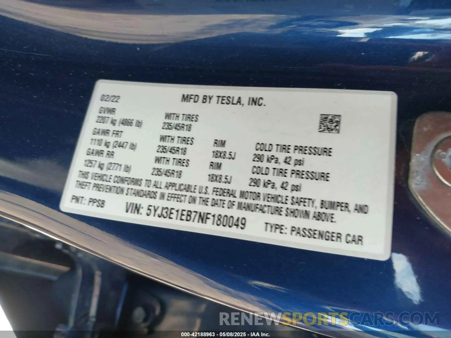 9 Photograph of a damaged car 5YJ3E1EB7NF180049 TESLA MODEL 3 2022