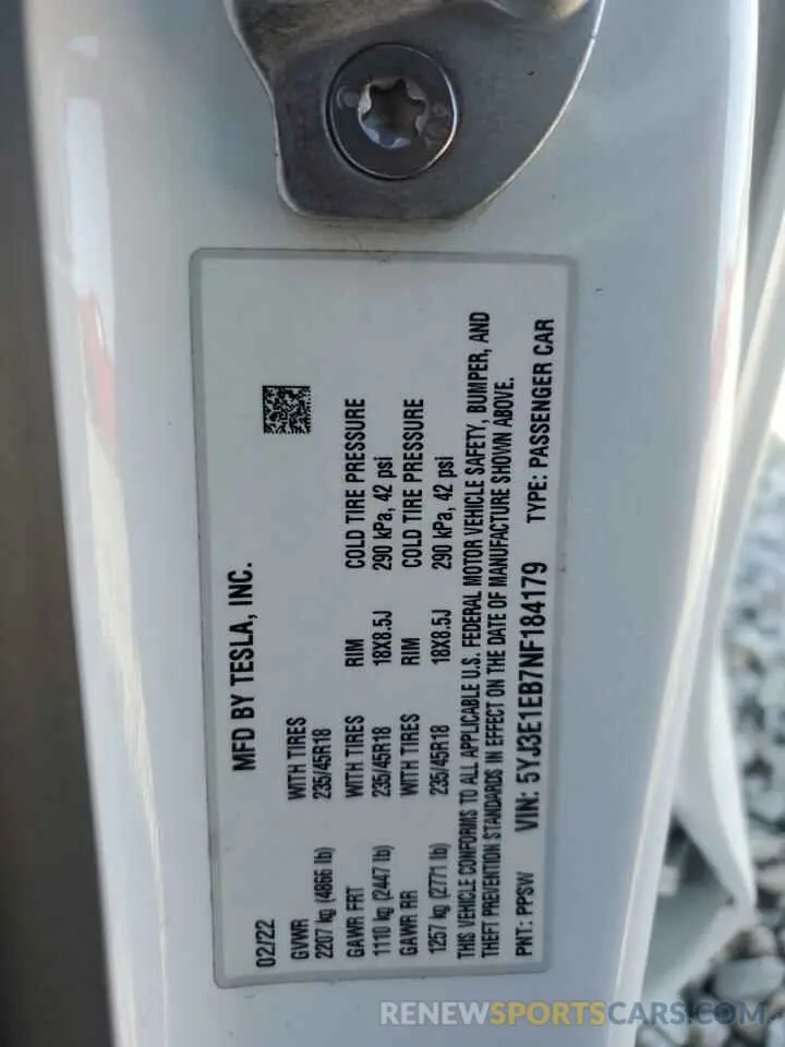 12 Photograph of a damaged car 5YJ3E1EB7NF184179 TESLA MODEL 3 2022