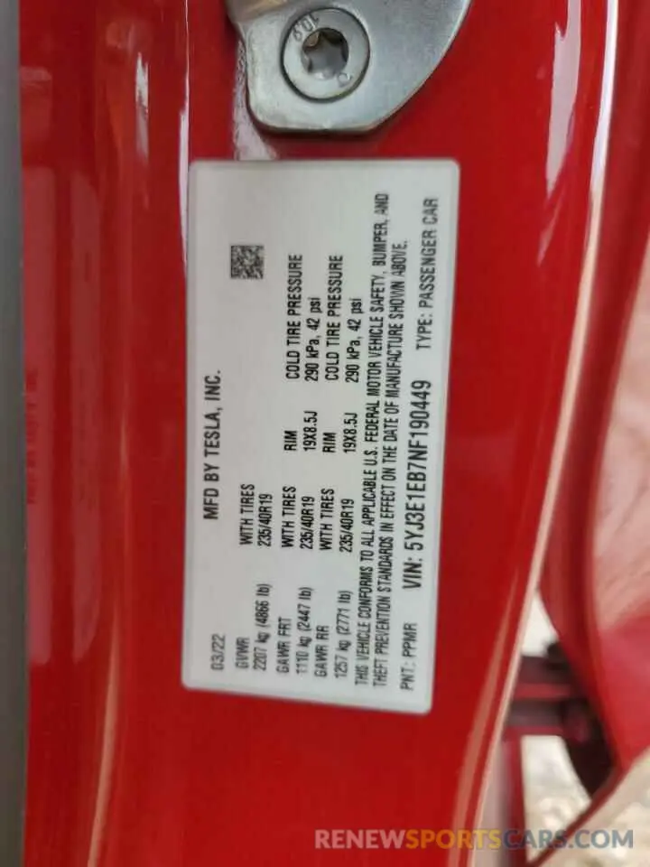 14 Photograph of a damaged car 5YJ3E1EB7NF190449 TESLA MODEL 3 2022