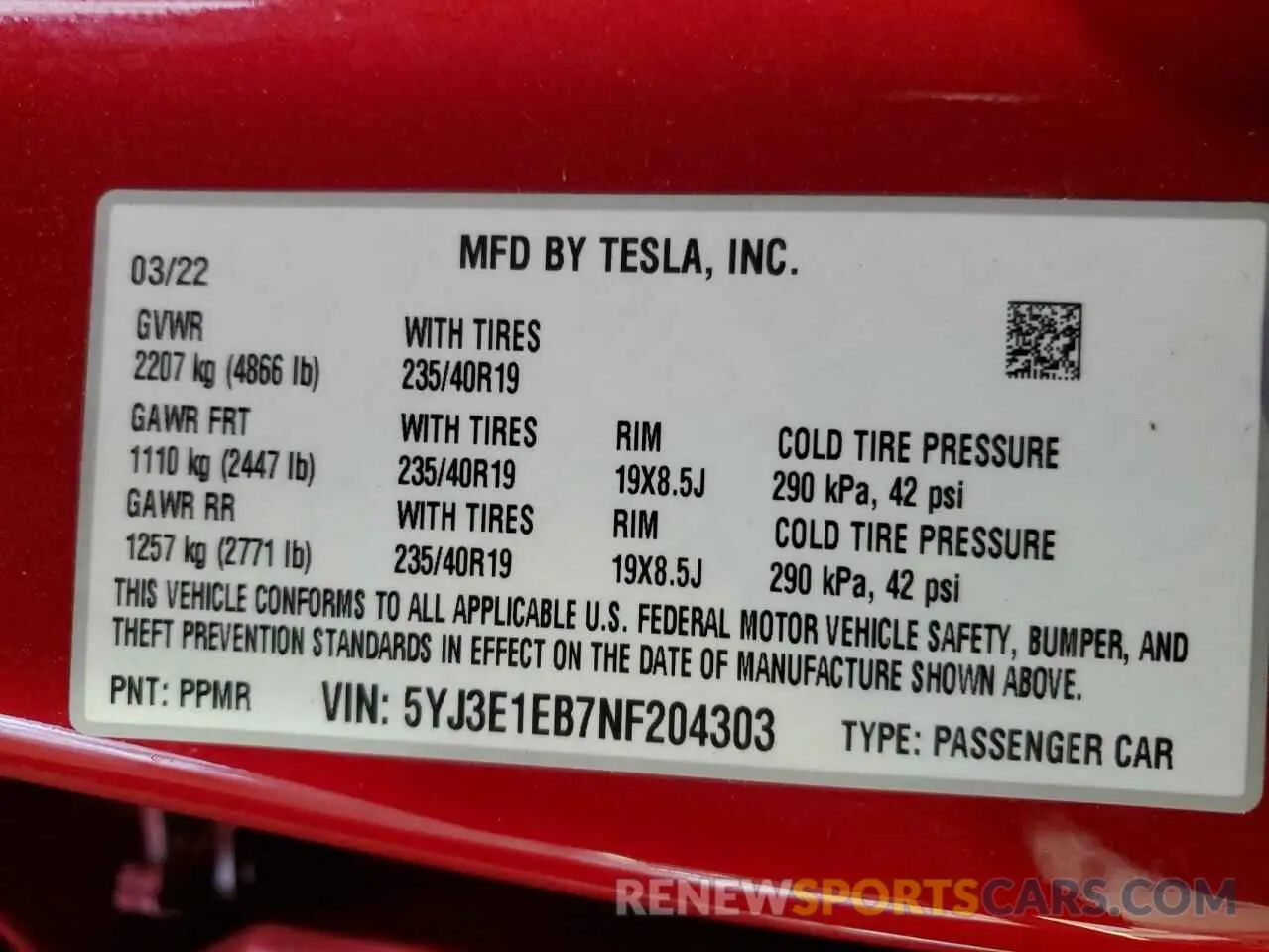 13 Photograph of a damaged car 5YJ3E1EB7NF204303 TESLA MODEL 3 2022