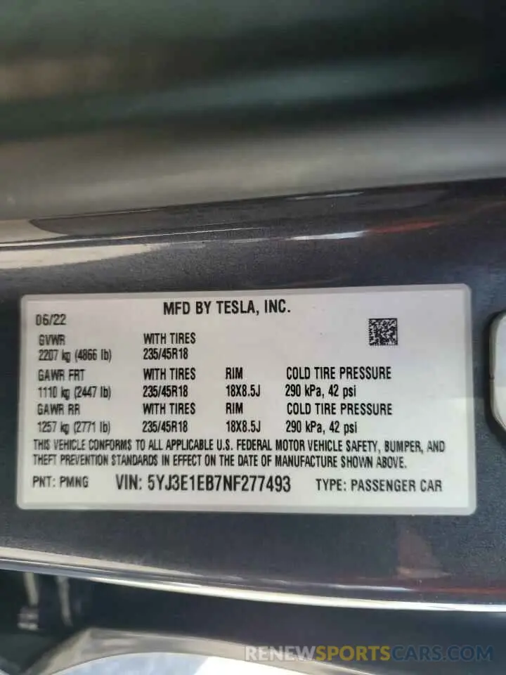 12 Photograph of a damaged car 5YJ3E1EB7NF277493 TESLA MODEL 3 2022
