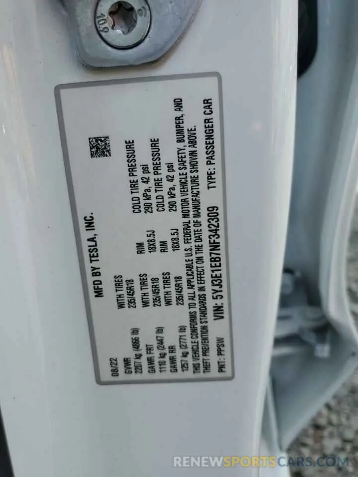 12 Photograph of a damaged car 5YJ3E1EB7NF342309 TESLA MODEL 3 2022