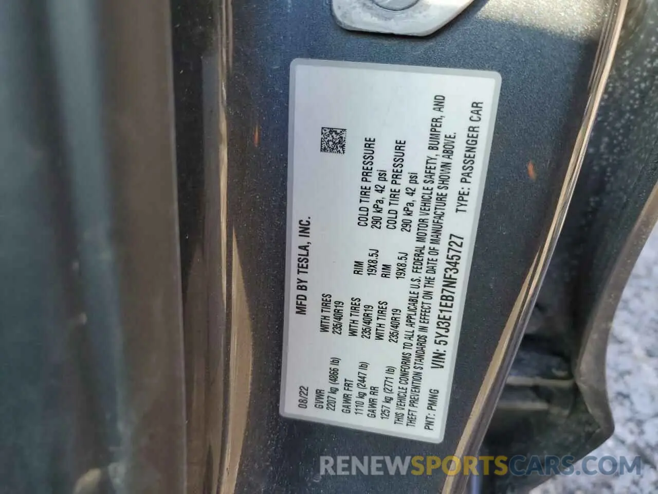 12 Photograph of a damaged car 5YJ3E1EB7NF345727 TESLA MODEL 3 2022