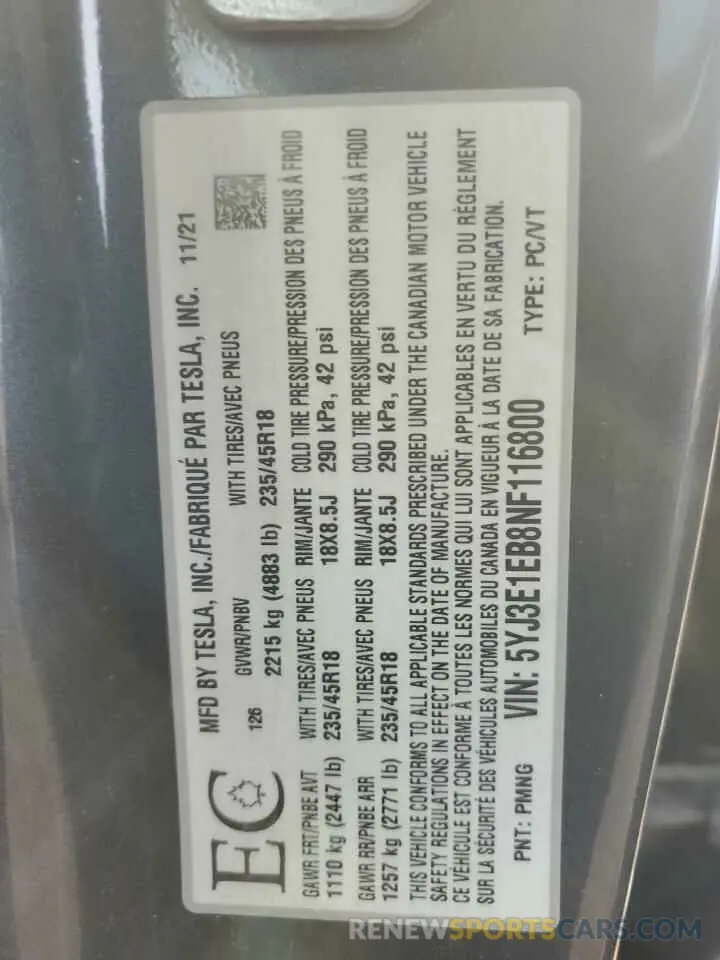 13 Photograph of a damaged car 5YJ3E1EB8NF116800 TESLA MODEL 3 2022