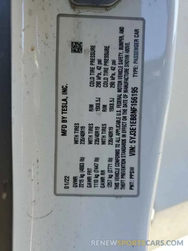 13 Photograph of a damaged car 5YJ3E1EB8NF156195 TESLA MODEL 3 2022