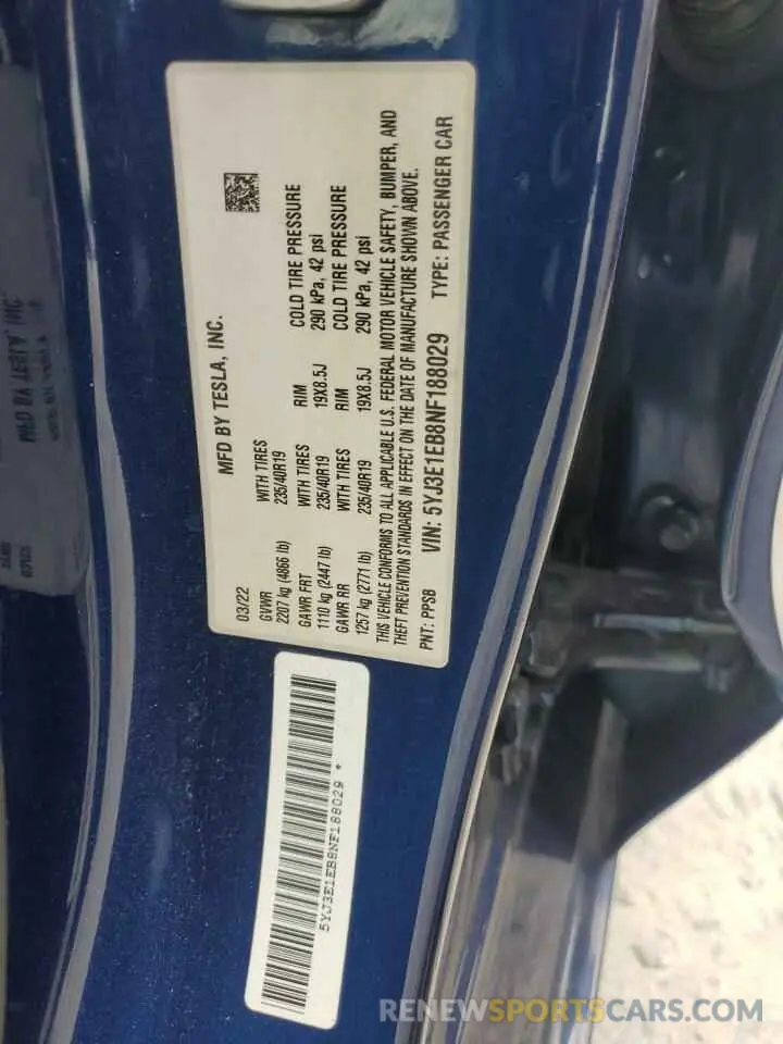 13 Photograph of a damaged car 5YJ3E1EB8NF188029 TESLA MODEL 3 2022