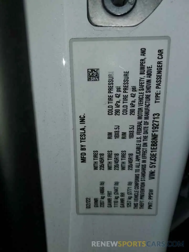 12 Photograph of a damaged car 5YJ3E1EB8NF192713 TESLA MODEL 3 2022