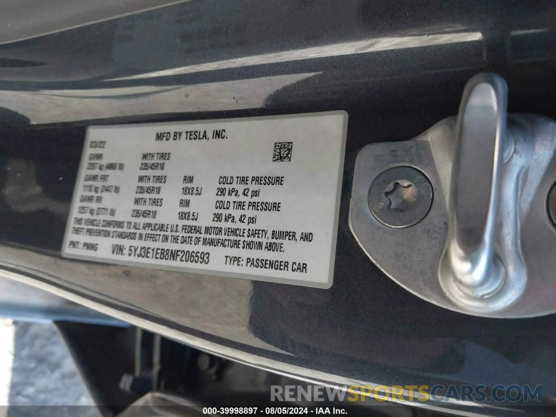9 Photograph of a damaged car 5YJ3E1EB8NF206593 TESLA MODEL 3 2022