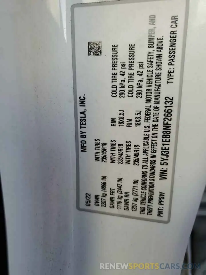 12 Photograph of a damaged car 5YJ3E1EB8NF266132 TESLA MODEL 3 2022