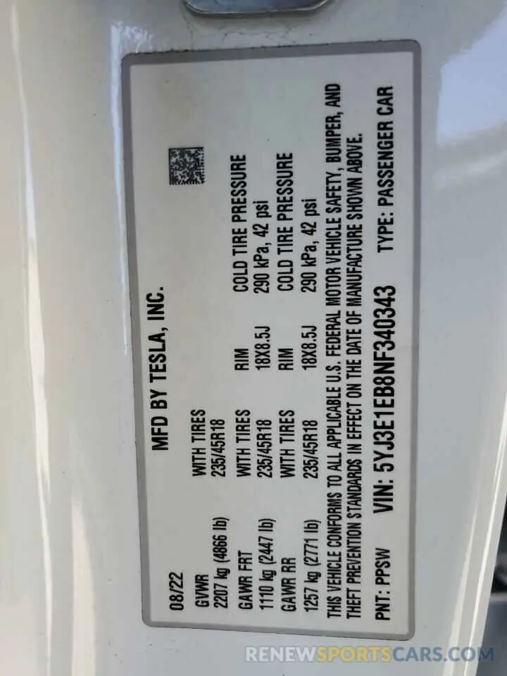 13 Photograph of a damaged car 5YJ3E1EB8NF340343 TESLA MODEL 3 2022