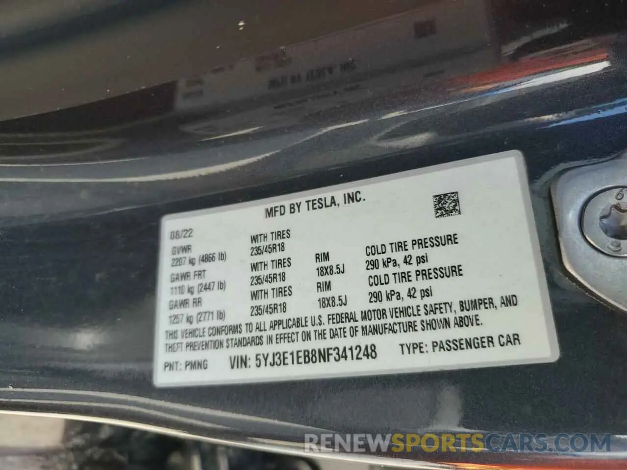14 Photograph of a damaged car 5YJ3E1EB8NF341248 TESLA MODEL 3 2022