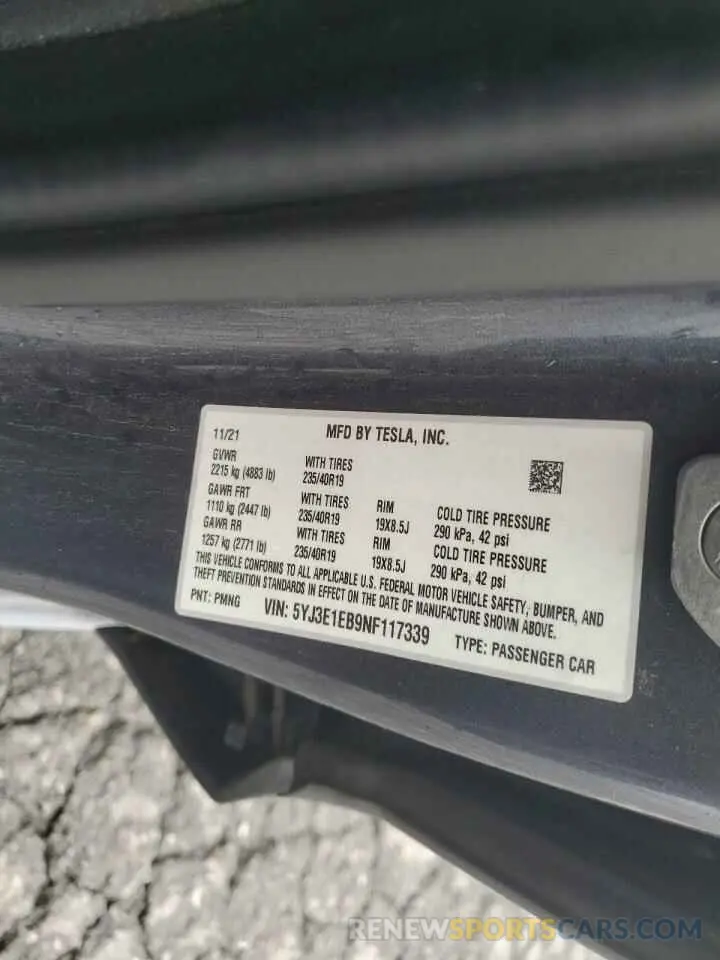 12 Photograph of a damaged car 5YJ3E1EB9NF117339 TESLA MODEL 3 2022
