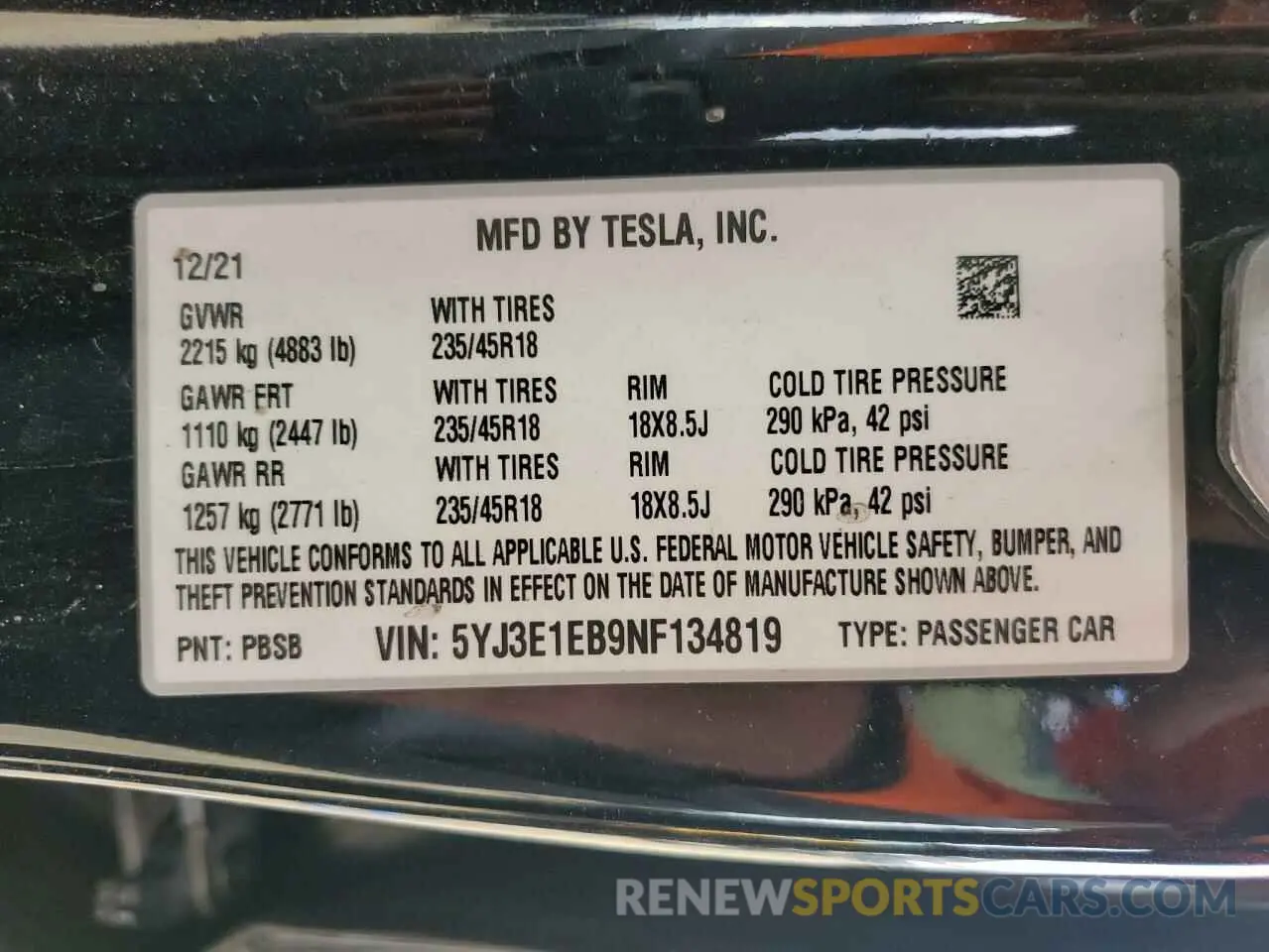 14 Photograph of a damaged car 5YJ3E1EB9NF134819 TESLA MODEL 3 2022
