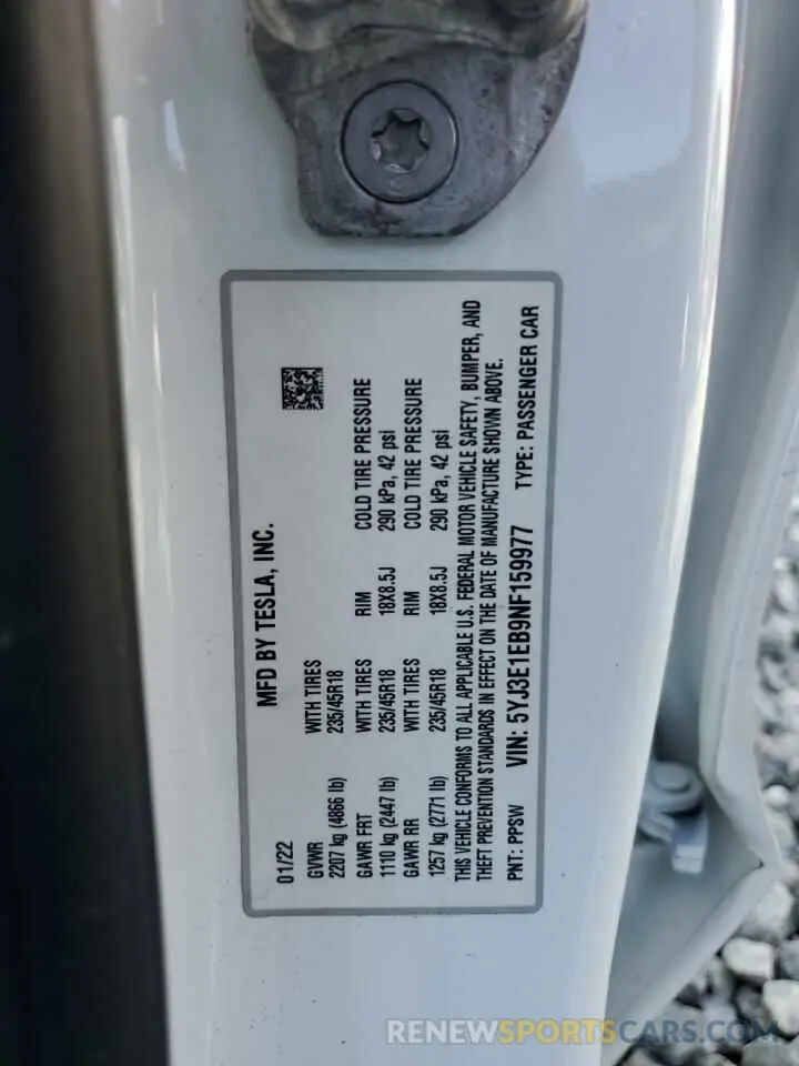 13 Photograph of a damaged car 5YJ3E1EB9NF159977 TESLA MODEL 3 2022