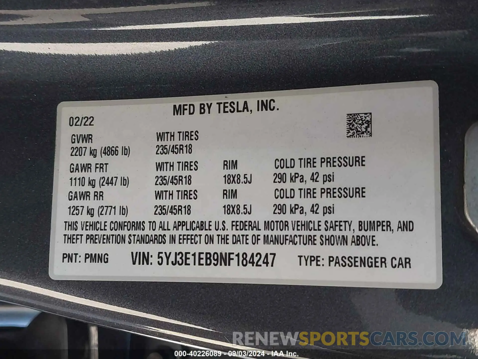 9 Photograph of a damaged car 5YJ3E1EB9NF184247 TESLA MODEL 3 2022