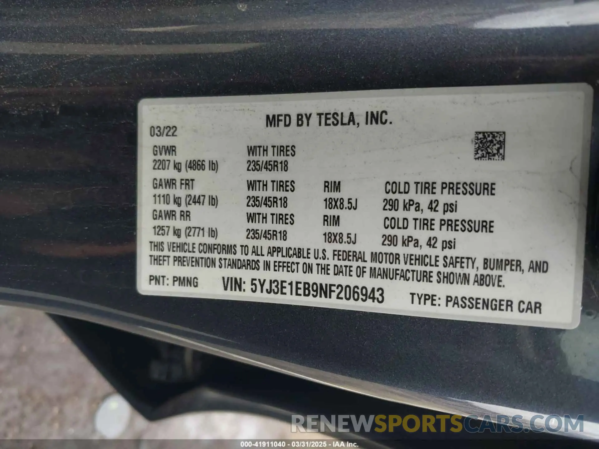 9 Photograph of a damaged car 5YJ3E1EB9NF206943 TESLA MODEL 3 2022