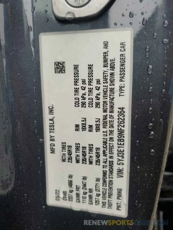 13 Photograph of a damaged car 5YJ3E1EB9NF262364 TESLA MODEL 3 2022