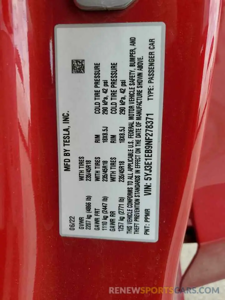 12 Photograph of a damaged car 5YJ3E1EB9NF278371 TESLA MODEL 3 2022