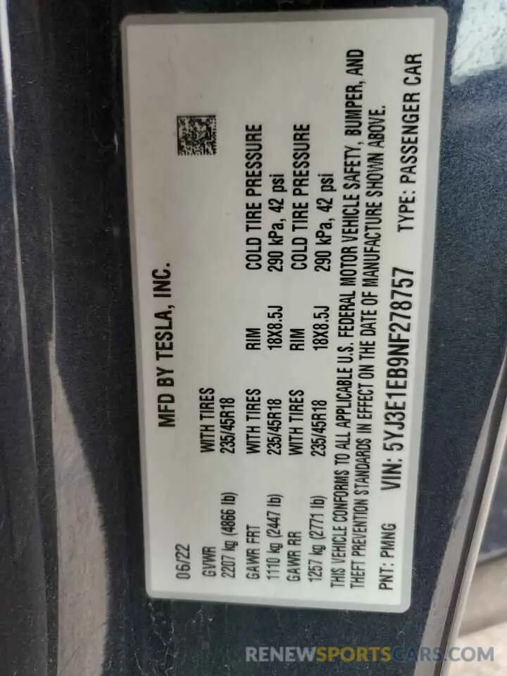 13 Photograph of a damaged car 5YJ3E1EB9NF278757 TESLA MODEL 3 2022