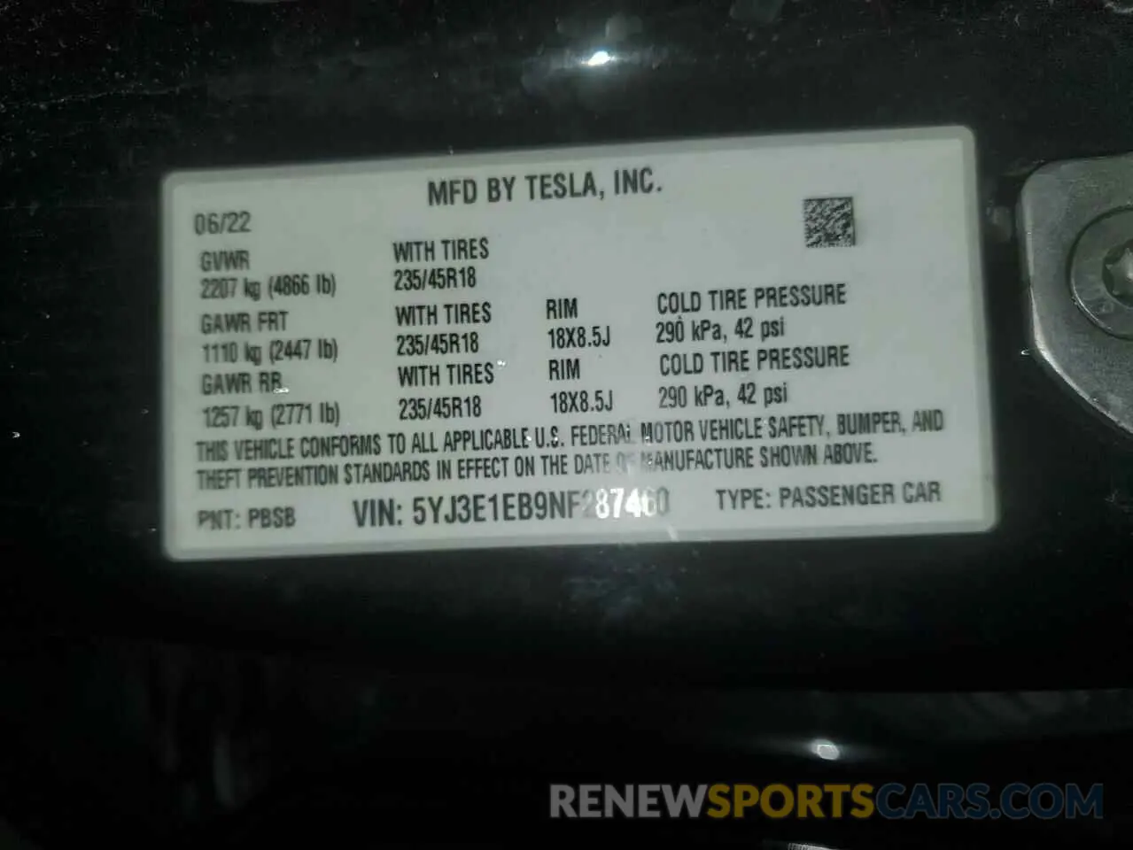 12 Photograph of a damaged car 5YJ3E1EB9NF287460 TESLA MODEL 3 2022