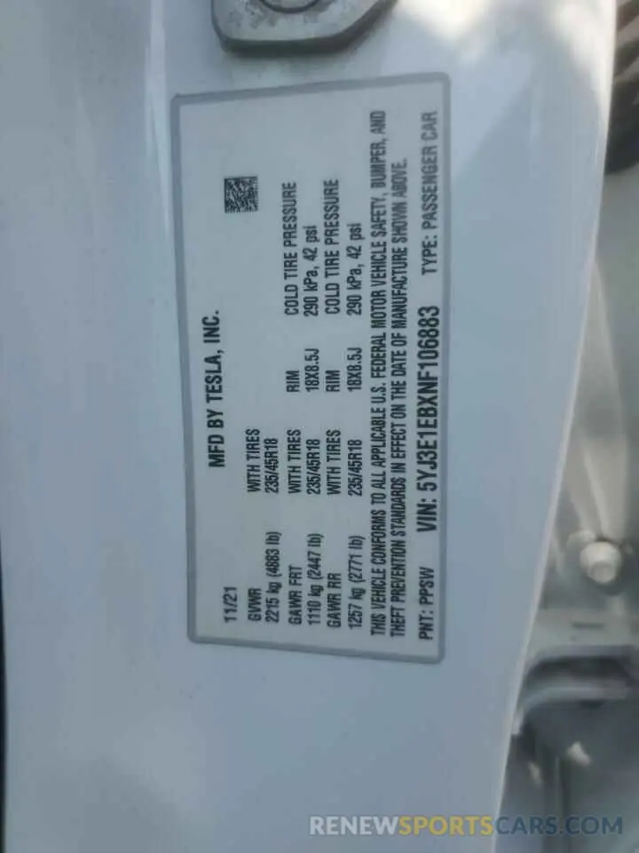 12 Photograph of a damaged car 5YJ3E1EBXNF106883 TESLA MODEL 3 2022