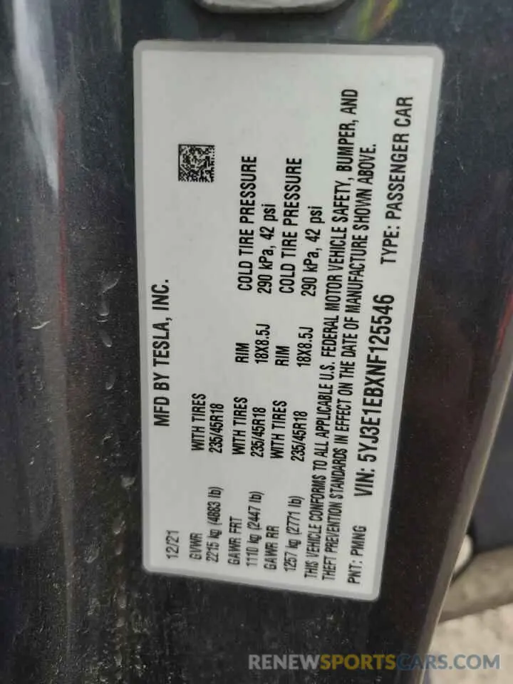 14 Photograph of a damaged car 5YJ3E1EBXNF125546 TESLA MODEL 3 2022