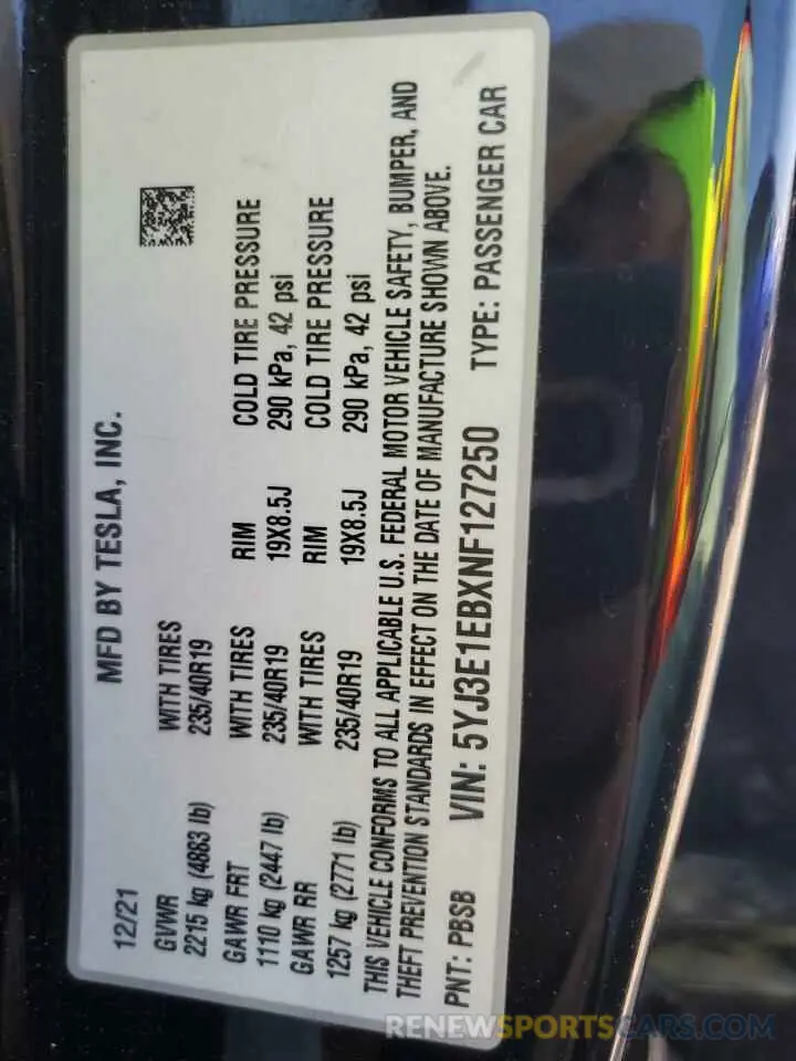 12 Photograph of a damaged car 5YJ3E1EBXNF127250 TESLA MODEL 3 2022