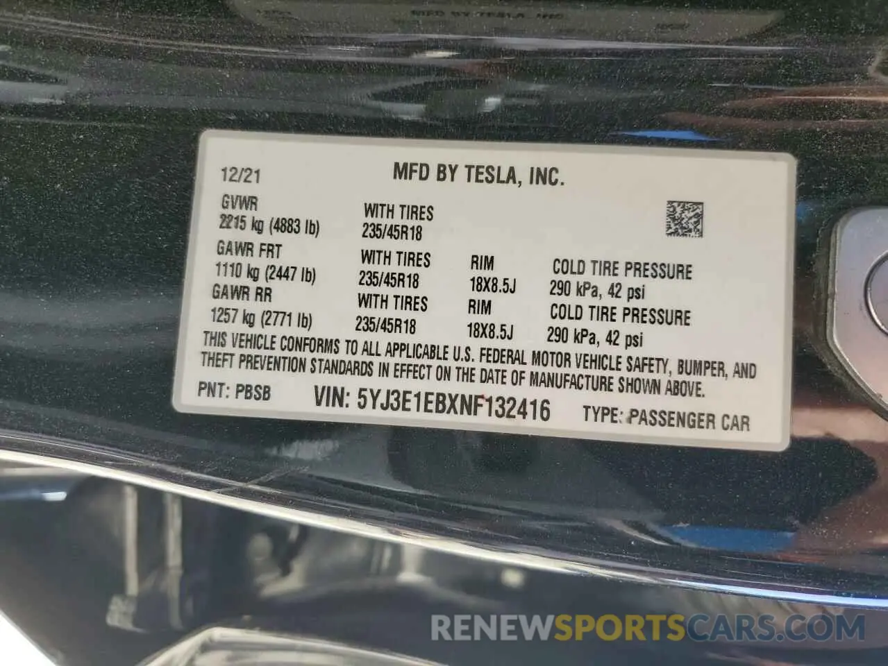 12 Photograph of a damaged car 5YJ3E1EBXNF132416 TESLA MODEL 3 2022