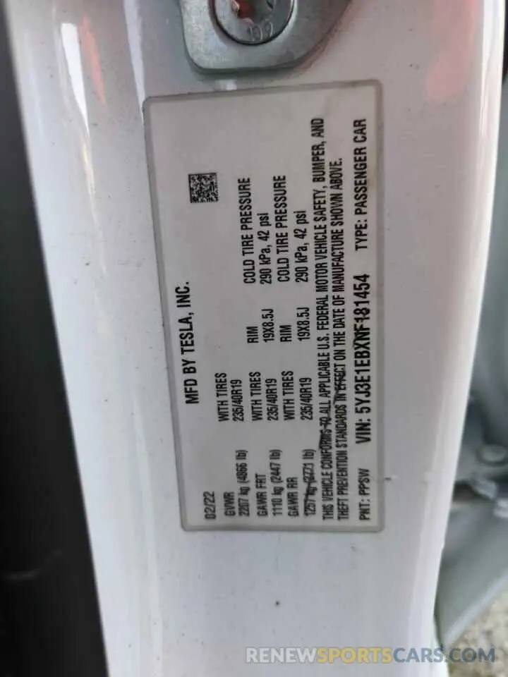 14 Photograph of a damaged car 5YJ3E1EBXNF181454 TESLA MODEL 3 2022