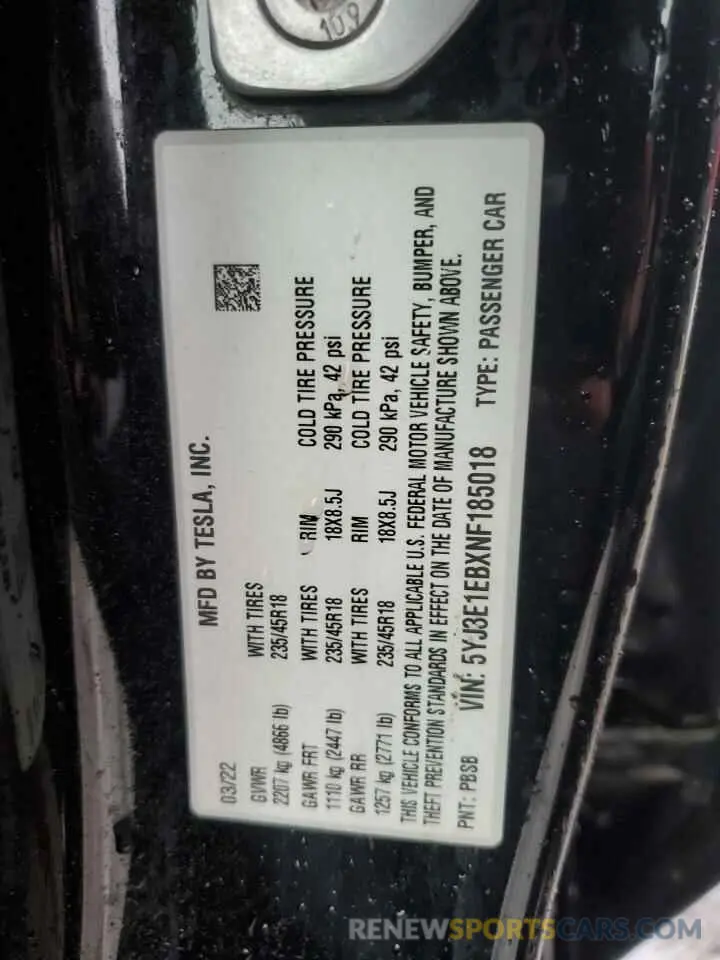 12 Photograph of a damaged car 5YJ3E1EBXNF185018 TESLA MODEL 3 2022