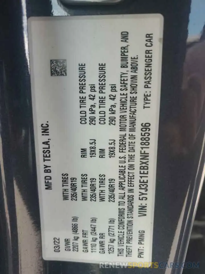 13 Photograph of a damaged car 5YJ3E1EBXNF188596 TESLA MODEL 3 2022