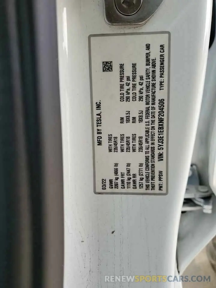 14 Photograph of a damaged car 5YJ3E1EBXNF204506 TESLA MODEL 3 2022