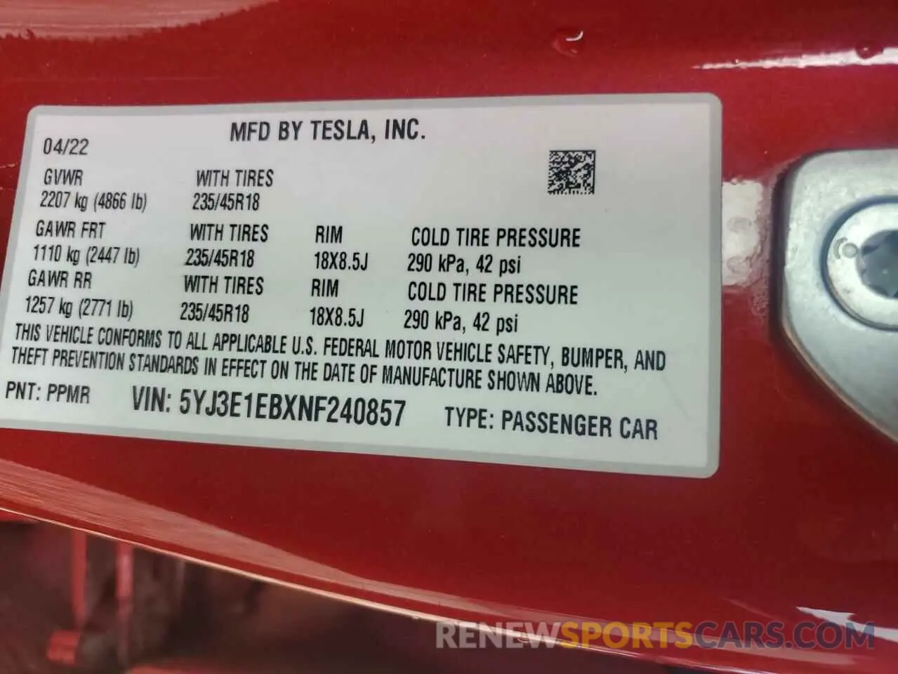 12 Photograph of a damaged car 5YJ3E1EBXNF240857 TESLA MODEL 3 2022