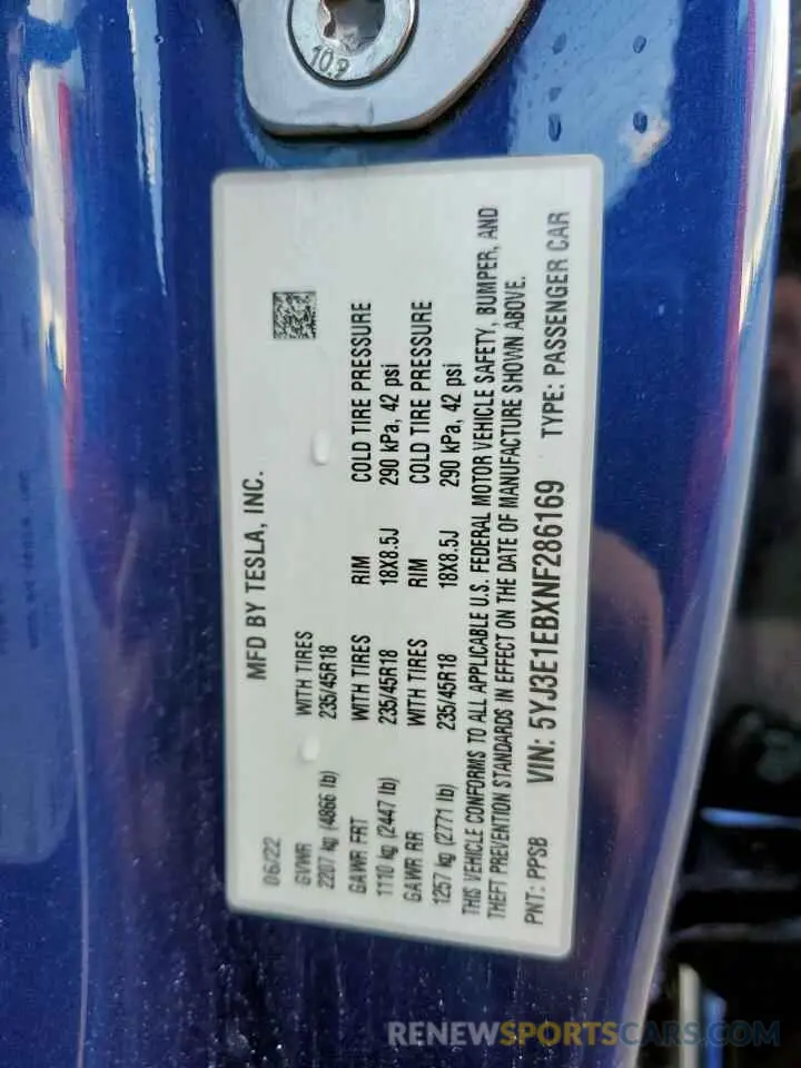 14 Photograph of a damaged car 5YJ3E1EBXNF286169 TESLA MODEL 3 2022