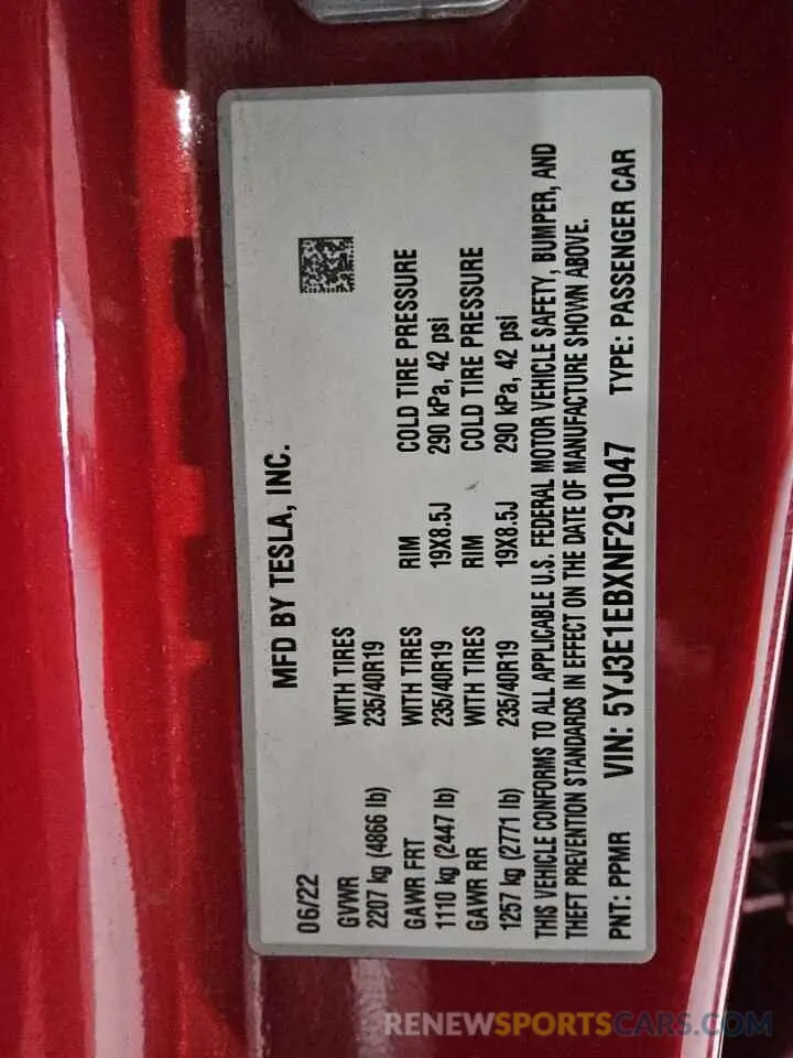 12 Photograph of a damaged car 5YJ3E1EBXNF291047 TESLA MODEL 3 2022
