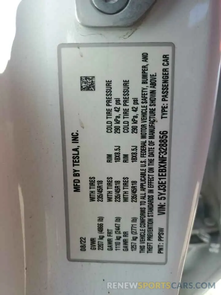 14 Photograph of a damaged car 5YJ3E1EBXNF328856 TESLA MODEL 3 2022