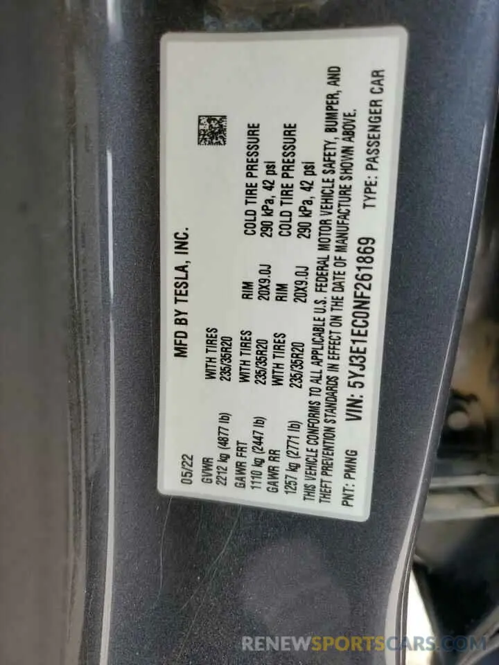 12 Photograph of a damaged car 5YJ3E1EC0NF261869 TESLA MODEL 3 2022