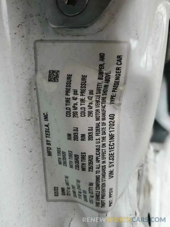 15 Photograph of a damaged car 5YJ3E1EC1NF170240 TESLA MODEL 3 2022