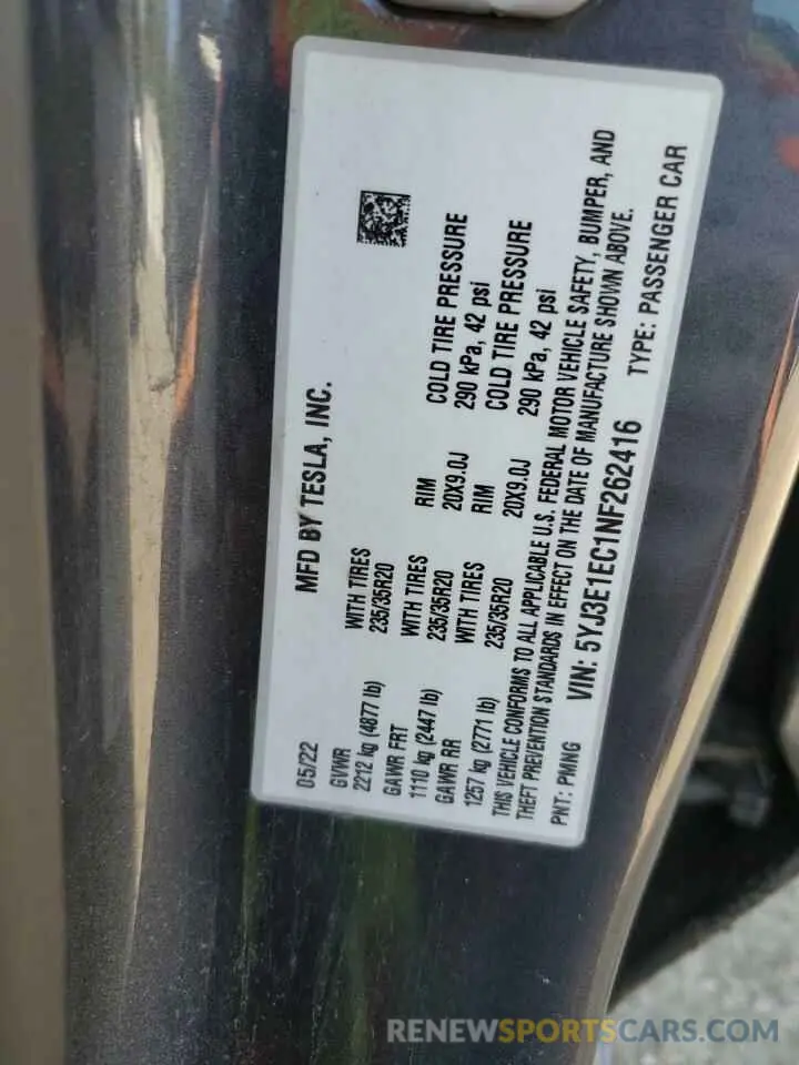 13 Photograph of a damaged car 5YJ3E1EC1NF262416 TESLA MODEL 3 2022