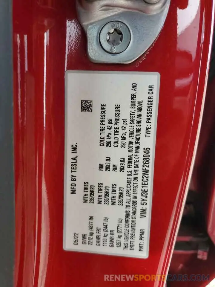 15 Photograph of a damaged car 5YJ3E1EC2NF268046 TESLA MODEL 3 2022