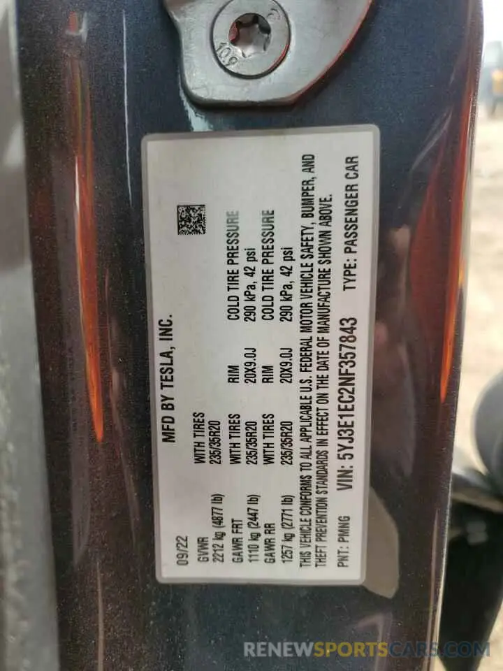 12 Photograph of a damaged car 5YJ3E1EC2NF357843 TESLA MODEL 3 2022