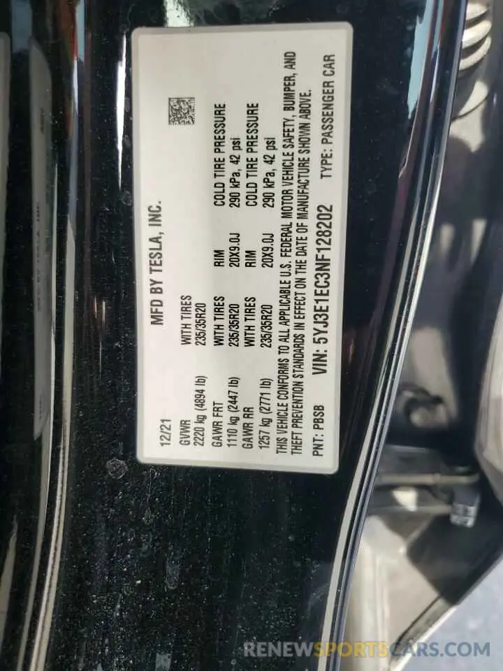 12 Photograph of a damaged car 5YJ3E1EC3NF128202 TESLA MODEL 3 2022