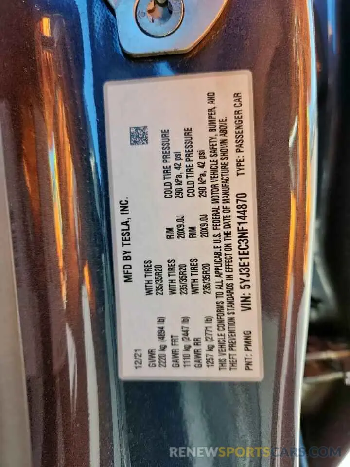 12 Photograph of a damaged car 5YJ3E1EC3NF144870 TESLA MODEL 3 2022