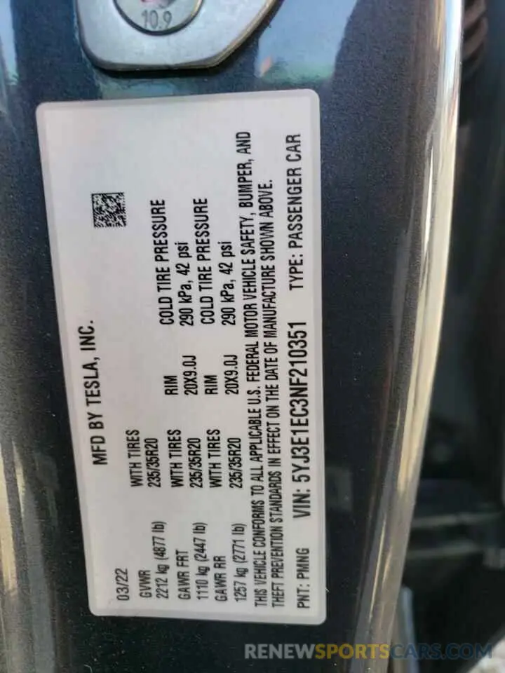 12 Photograph of a damaged car 5YJ3E1EC3NF210351 TESLA MODEL 3 2022