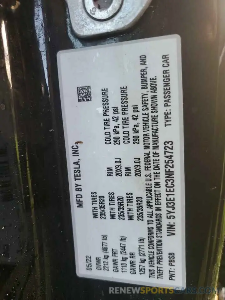 13 Photograph of a damaged car 5YJ3E1EC3NF254723 TESLA MODEL 3 2022